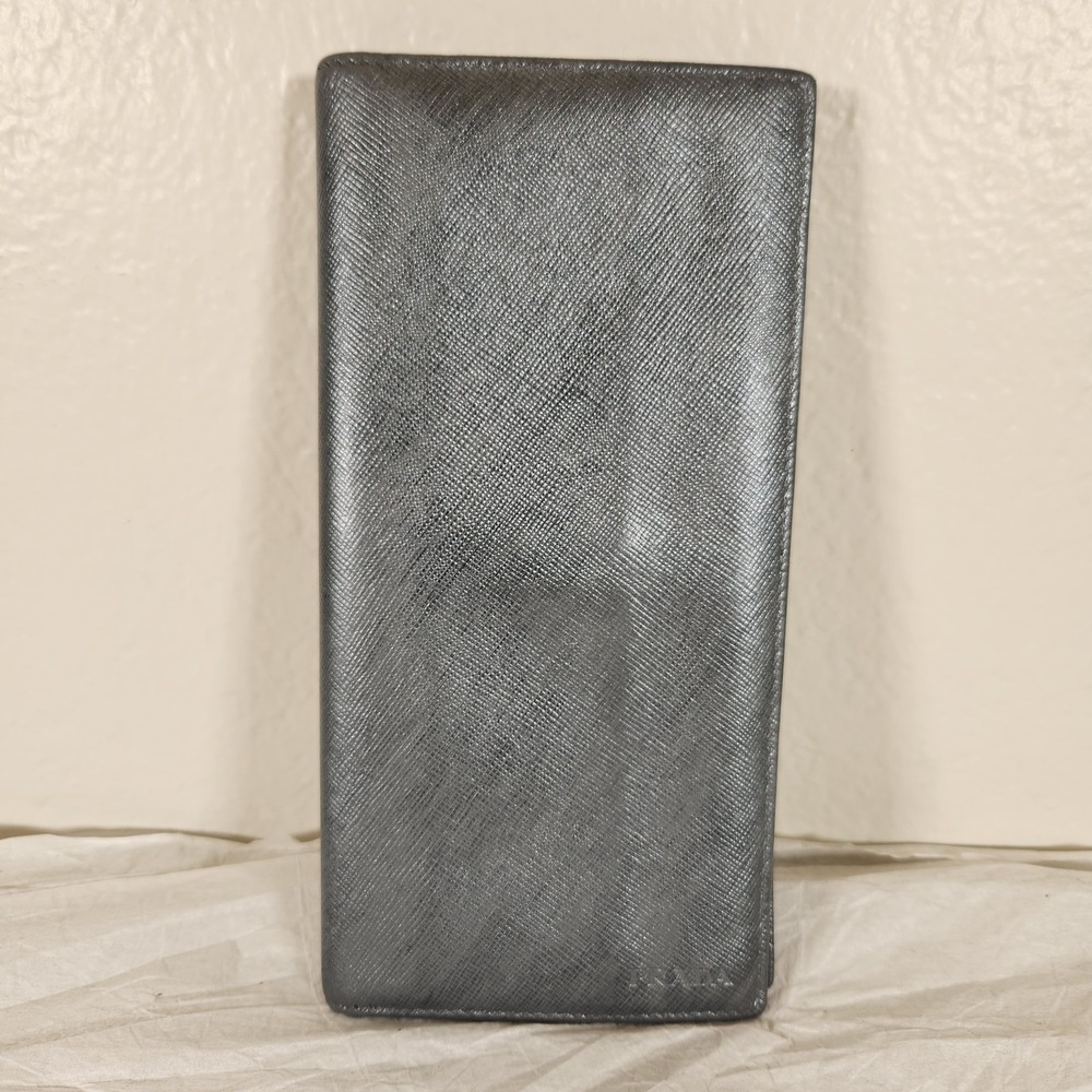 PRADA Saffiano Leather Long Bifold Wallet Argento Silver Metallic Gray